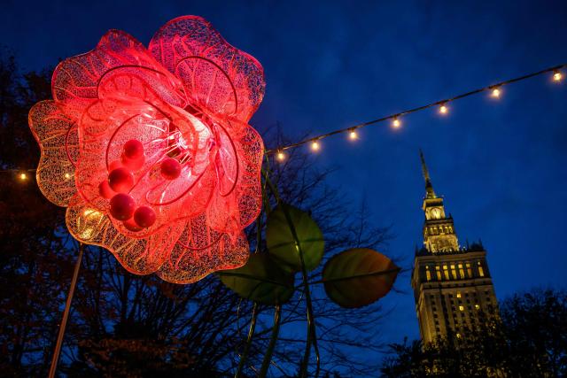 This photograph shows one of the newly inaugurated light installations in the shape of a flower in Swietokrzyski Park in central Warsaw on October 21, 2026. (Photo by Mladen ANTONOV / AFP)