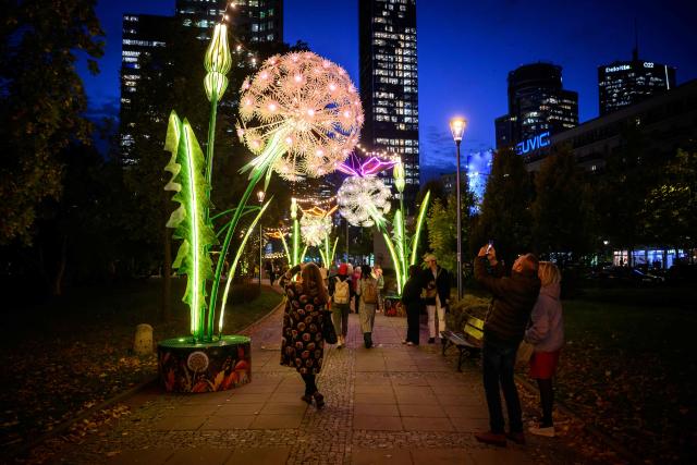 People take photos of the newly inaugurated light installations in the shape of plants, flowers and butterflies in Swietokrzyski Park in central Warsaw on October 21, 2026. (Photo by Mladen ANTONOV / AFP)