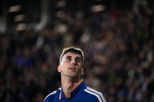 Como's Spanish defender #04 Jacobo Ramon celebrates scoring his team's fourth goal during the UEFA Champions League, league phase matchday 3, football match between Como 1907 and Manchester United at the Stadio Giuseppe Sinigaglia in Como, northen Italy on October 21, 2026. (Photo by Marco BERTORELLO / AFP)