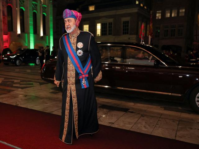 Oman's Sultan Haitham bin Tariq arrives for a State Banquet at The Guildhall in The City of London, on October 21, 2026, the second day of a three-day State Visit to the United Kingdom by The Sultan of Oman. (Photo by Isabel Infantes / POOL / AFP)