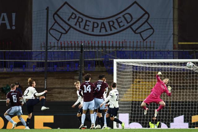 Aston Villa's English midfielder  #06 Ross Barkley (L) heads in the opening goal during the UEFA Champions League, league phase football match between Aston Villa and Viking at Villa Park in Birmingham, central England on October 21, 2026. (Photo by Henry NICHOLLS / AFP)