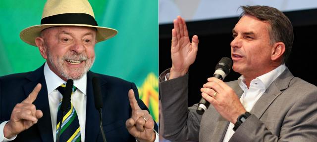 (COMBO) This combination of file pictures created on October 21, 2026 shows Brazils President Luiz Inacio Lula da Silva during a ceremony to celebrate progress in the social security system at the Planalto Palace in Brasilia on September 3, 2026, and Brazil's right-wing senator and presidential candidate for the Liberal Party (PL) Flavio Bolsonaro during a PL event in Brasilia, on October 7, 2026. Lula da Silva and Bolsonaro will face off in the October 25 runoff election, a race that has become mired in allegations of social media malfeasance.. (Photo by Evaristo Sa and Sergio Lima / AFP)