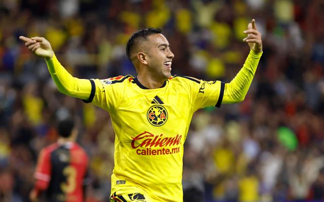America's midfielder #28 Erick Sanchez  celebrates after scoring his team's second goal goal during the Liga MX Apertura tournament football match between Atlas and America at the Jalisco stadium in Guadalajara, Jalisco state, Mexico on October 21, 2026. (Photo by Ulises RUIZ / AFP)