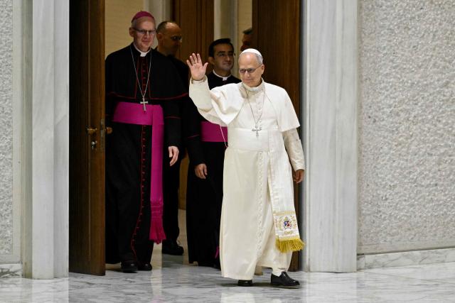 Pope Leo XIV attends the "International Congress of School and University Pastoral Care" at the Paul VI hall in The Vatican on October 22, 2026. (Photo by Andreas SOLARO / AFP)
