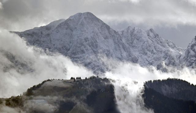 First snow of the season is seen on the Hoher Goell mountain (2522 m) at the Göllmassiv mountain range in Salzburg, Austria, on October 22, 2026. (Photo by BARBARA GINDL / APA / AFP) / Austria OUT