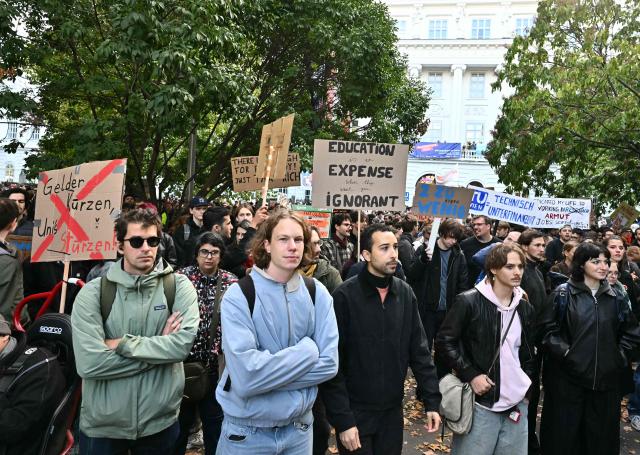 Students demonstrate against univesity budget cuts outside the Technical University in Vienna, Austria, on October 22, 2026. (Photo by Joe Klamar / AFP)