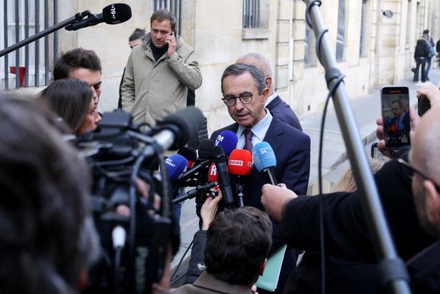 French right wing party Les Republicains (LR) candidate in France's 2027 presidential election Bruno Retailleau addresses media after attending a meeting with French Prime minister bringing together party leaders, the chairs of the parliamentary groups in both houses and the chairs of the Legal Affairs Committees, along with the Ministers for the Interior and Justice, and senior officials from the police, the gendarmerie and the intelligence services, as France braced for more demonstrations just days after student and other rallies degenerated into some of the worst street unrest in years, outside the Hotel Matignon in Paris on October 22, 2026. (Photo by Kenzo TRIBOUILLARD / AFP)