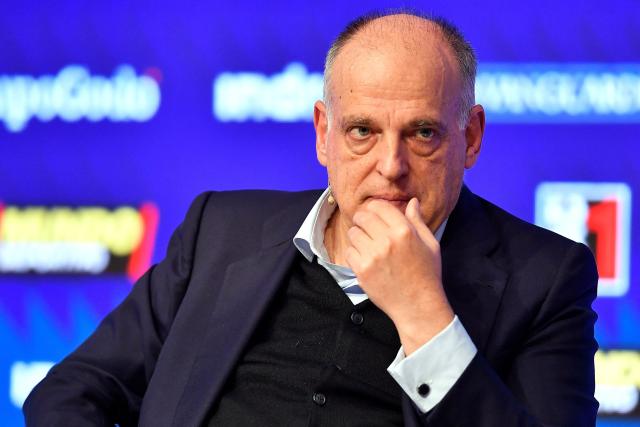 (FILES) The president of the Spanish football league 'La Liga' Javier Tebas takes part in the forum “Defense of the European Football Ecosystem”, organized by La Vanguardia journal, on March 16, 2023 in Barcelona. Spanish LaLiga president Javier Tebas could be sanctioned for having compared Real Madrid’s communication methods to those of the Minister of Propaganda of Nazi Germany, AFP reports on October 22, 2026. (Photo by Pau BARRENA / AFP)