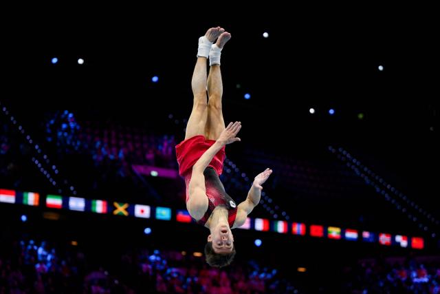 Individual Neutral Athlete Arsenii Dukhno competes on the Floor Exercise in the Men's Individual All-Around Final during the 54th FIG Artistic Gymnastics World Championships, in Rotterdam, southern Netherlands, on October 22, 2026. (Photo by JOHN THYS / AFP)