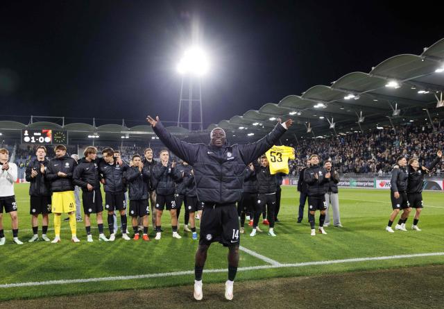 Sturm Graz's Ivorian midfielder #14 Oumar Diakite celebrates after the UEFA Europa League league phase matchday 3 football match between Sturm Graz and Olympique de Marseille in Graz, Austria, on October 22, 2026. (Photo by ERWIN SCHERIAU / APA / AFP) / Austria OUT