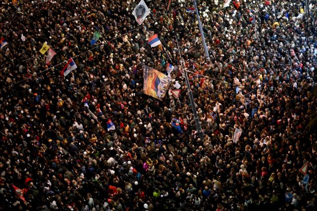 Supporters of Serbia's student-led movement attend the final campaign rally of the student-backed election list in central Belgrade on October 22, 2026, ahead of the country's snap parliamentary elections on October 25. The vote follows nearly two years of student-led protests sparked by the November 2024 collapse of a railway station canopy in Novi Sad that killed 16 people, with demands for early elections becoming a central goal of the movement. The student-backed list is challenging the ruling Serbian Progressive Party (SNS), led in the campaign by former president Aleksandar Vucic, who resigned in September to run for prime minister. (Photo by Sava Miric / AFP)