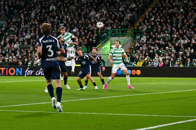 Celtic's Colombian striker #11 Camilo Duran heads the ball towards goal during the UEFA Europa League, League stage football match between Celtic and Celta Vigo at Celtic Park in Glasgow on October 22, 2026. (Photo by ANDY BUCHANAN / AFP)