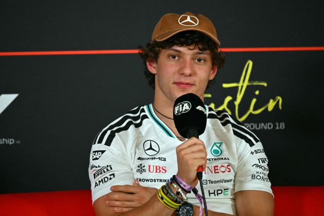 Mercedes' Italian driver Kimi Antonelli speaks during a press conference ahead of the United States Formula One Grand Prix at the Circuit of the Americas in Austin, Texas, on October 22, 2026. The United States Grand Prix will take place on Sunday, October 25. (Photo by ANGELA WEISS / AFP)
