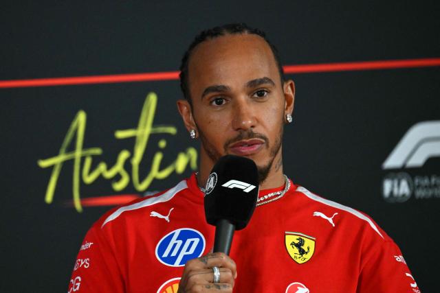 Ferrari's British driver Lewis Hamilton speaks during a press conference ahead of the United States Formula One Grand Prix at the Circuit of the Americas in Austin, Texas, on October 22, 2026. The United States Grand Prix will take place on Sunday, October 25. (Photo by ANGELA WEISS / AFP)