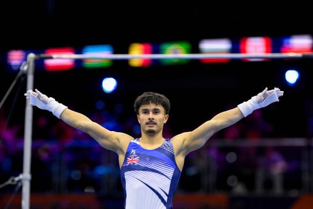 Great Britain's Jake Jarman competes on the Horizontal Bar in the Men's Individual All-Around Final during the 54th FIG Artistic Gymnastics World Championships, in Rotterdam, southern Netherlands, on October 22, 2026. (Photo by JOHN THYS / AFP)