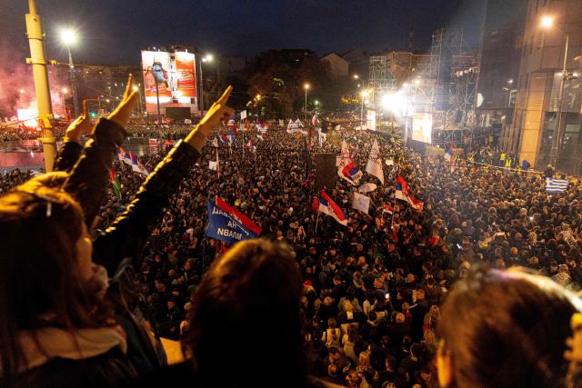 Supporters of Serbia's student-led movement attend the final campaign rally of the student-backed election list in central Belgrade on October 22, 2026, ahead of the country's snap parliamentary elections on October 25. The vote follows nearly two years of student-led protests sparked by the November 2024 collapse of a railway station canopy in Novi Sad that killed 16 people, with demands for early elections becoming a central goal of the movement. The student-backed list is challenging the ruling Serbian Progressive Party (SNS), led in the campaign by former president Aleksandar Vucic, who resigned in September to run for prime minister. (Photo by Mitar MITROVIC / AFP)