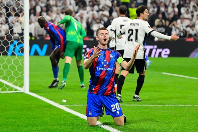 Crystal Palace's midfielder #20 Adam Wharton (C) reacts after missing a goal scoring opportunity during the UEFA Europa League, league phase matchday 3, football match between Besiktas and Crystal Palace at the Besiktas Tupras Stadium in Istanbul, on October 22, 2026. (Photo by Yasin AKGUL / AFP)
