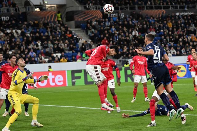 Hoffenheim's Croatian forward #27 Andrej Kramaric scores his team's first goal during the UEFA Europa League  football match between Hoffenheim and Olympique Lyonnais in Sinsheim, southern Germany, on October 22, 2026. (Photo by THOMAS KIENZLE / AFP)