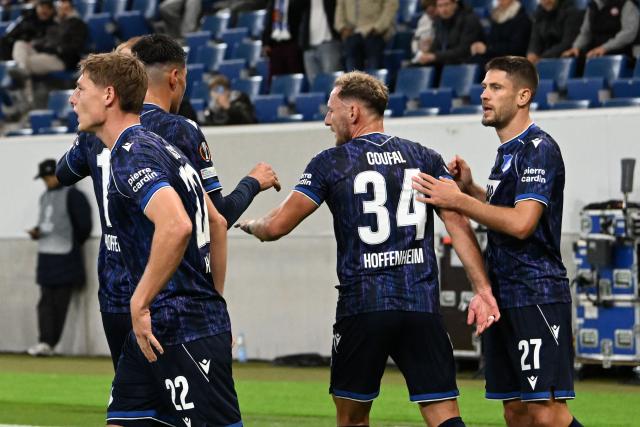 Hoffenheim's Croatian forward #27 Andrej Kramaric celebrates scoring his team's first goal during the UEFA Europa League  football match between Hoffenheim and Olympique Lyonnais in Sinsheim, southern Germany, on October 22, 2026. (Photo by THOMAS KIENZLE / AFP)