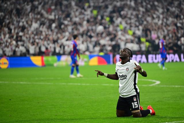 Besiktas' Beninese midfielder #15 Junior Olaitan celebrates after scoring Besiktas' second goal during the UEFA Europa League, league phase matchday 3, football match between Besiktas and Crystal Palace at the Besiktas Tupras Stadium in Istanbul, on October 22, 2026. (Photo by Yasin AKGUL / AFP)