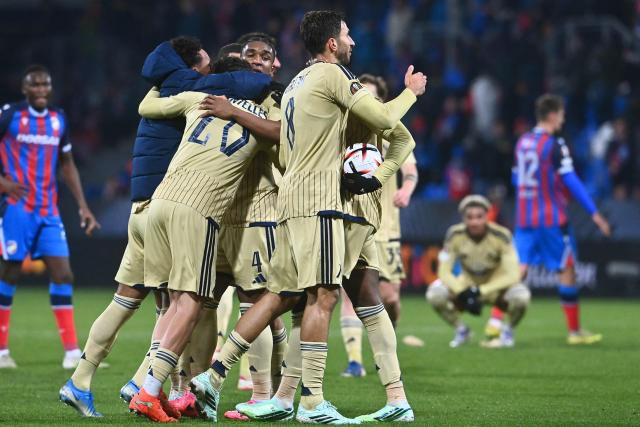 Levski Sofia's team celebrates after the UEFA Europa League league phase matchday 3 football match between Viktoria Plzen and Levski Sofia in Plzen, Czech Republic, on October 22, 2026. (Photo by Michal Cizek / AFP)