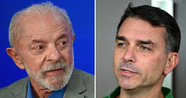 (COMBO) This combination of file pictures created on October 22, 2026, shows Brazil's President Luiz Inacio Lula da Silva (L) gesturing during a ceremony announcing investments in Paraná state at the Planalto Palace in Brasilia on March 12, 2026, and Brazilian Senator Flavio Bolsonaro, son of former President Jair Bolsonaro, speaking to the press after attending an evangelical service in Brasilia on December 7, 2025. Brazil's President Lula da Silva and right-wing senator Flavio Bolsonaro head to a runoff election on October 25, a race that has become mired in allegations of social media malfeasance. (Photo by Evaristo SA / AFP)