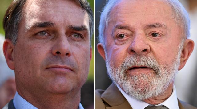 (COMBO) This combination of file pictures created on October 22, 2026, shows right-wing senator and presidential candidate for the Liberal Party (PL) Flavio Bolsonaro attending a press conference with representatives of the New Party (NOVO), which declared its support for the runoff election, in Brasilia on October 7, 2026, and (FILES) Brazil's President Luiz Inacio Lula da Silva gesturing during a ceremony announcing investments in Paraná state at the Planalto Palace in Brasilia on March 12, 2026. Brazil's President Lula da Silva and right-wing senator Flavio Bolsonaro head to a runoff election on October 25, a race that has become mired in allegations of social media malfeasance. (Photo by Evaristo SA and Sergio LIMA / AFP)