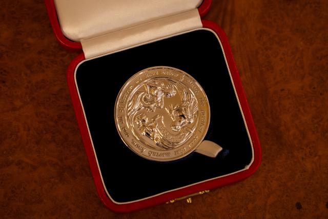The King's Medal for Music is pictured, before being presented at Windsor Castle, west of London on October 23, 2026. (Photo by Aaron Chown / POOL / AFP)