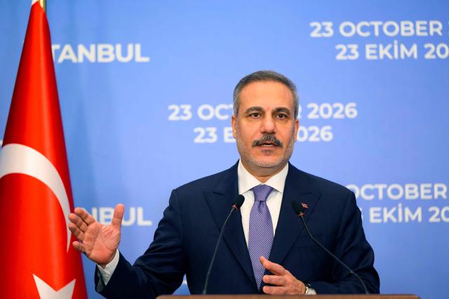 Turkey's Foreign Minister Hakan Fidan speaks during a press conference after the meeting of the top diplomats of the R4 mechanism (Turkey, Egypt, Pakistan, and Saudi Arabia) and the European E3 mechanism (Britain, France and Germany), in Istanbul on October 23, 2026. (Photo by Yasin AKGUL / AFP)