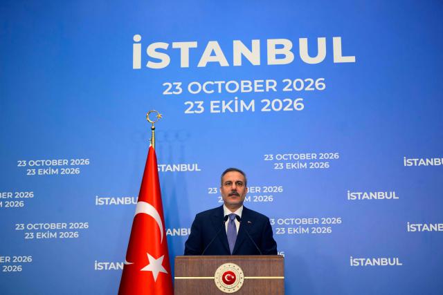 Turkey's Foreign Minister Hakan Fidan speaks during a press conference after the meeting of the top diplomats of the R4 mechanism (Turkey, Egypt, Pakistan, and Saudi Arabia) and the European E3 mechanism (Britain, France and Germany), in Istanbul on October 23, 2026. (Photo by Yasin AKGUL / AFP)