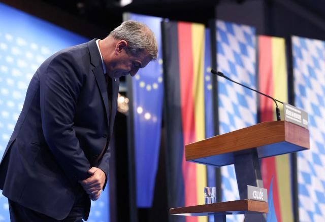 Bavaria's State Premier and leader of the conservative Christian Social Union (CSU) Markus Soeder reacts after delivering a speech during the Christian Social Union (CSU) party congress in Munich, on October 23, 2026. (Photo by Alexandra BEIER / AFP)