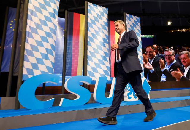 Bavaria's State Premier and leader of the conservative Christian Social Union (CSU) Markus Soeder leaves after delivering a speech during the Christian Social Union (CSU) party congress in Munich, on October 23, 2026. (Photo by Alexandra BEIER / AFP)