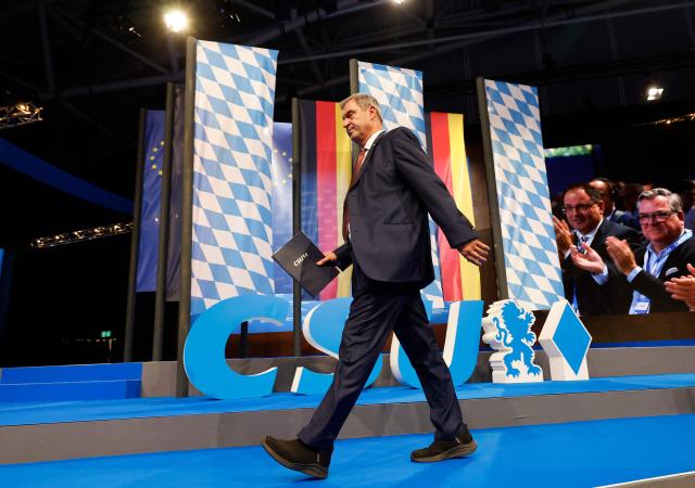 Bavaria's State Premier and leader of the conservative Christian Social Union (CSU) Markus Soeder leaves after delivering a speech during the Christian Social Union (CSU) party congress in Munich, on October 23, 2026. (Photo by Alexandra BEIER / AFP)