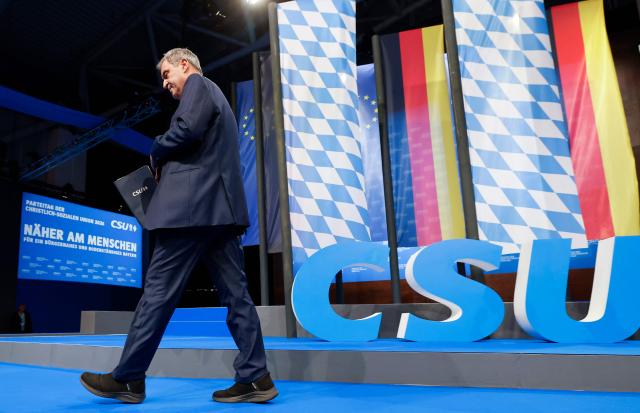 Bavaria's State Premier and leader of the conservative Christian Social Union (CSU) Markus Soeder leaves after delivering a speech during the Christian Social Union (CSU) party congress in Munich, on October 23, 2026. (Photo by Alexandra BEIER / AFP)