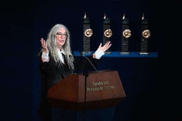 U.S. singer Patti Smith delivers a speech after receiving the 2026 Princess of Asturias Award for the Arts during the 2026 Princess of Asturias Awards ceremony at the Campoamor theatre in Oviedo on October 23, 2026. (Photo by Miguel RIOPA / AFP)