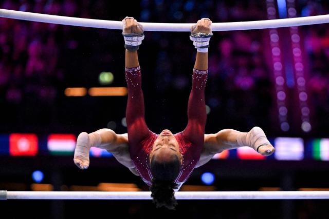 US' Skye Blakely competes on the Uneven Bars in the Women's Individual All-Around Final during the 54th FIG Artistic Gymnastics World Championships, in Rotterdam, southern Netherlands, on October 23, 2026. (Photo by JOHN THYS / AFP)