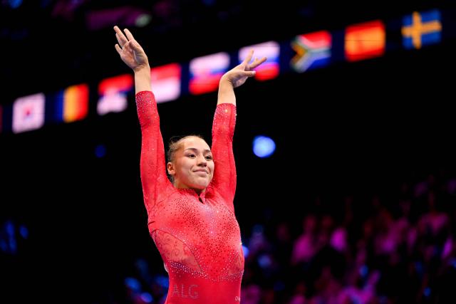 Algeria's Kaylia Nemour competes on the Balance Beam in the Women's Individual All-Around Final during the 54th FIG Artistic Gymnastics World Championships, in Rotterdam, southern Netherlands, on October 23, 2026. (Photo by JOHN THYS / AFP)