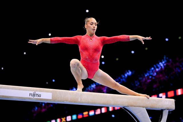 Algeria's Kaylia Nemour competes on the Balance Beam in the Women's Individual All-Around Final during the 54th FIG Artistic Gymnastics World Championships, in Rotterdam, southern Netherlands, on October 23, 2026. (Photo by JOHN THYS / AFP)