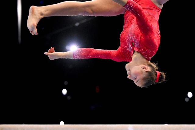 Algeria's Kaylia Nemour competes on the Balance Beam in the Women's Individual All-Around Final during the 54th FIG Artistic Gymnastics World Championships, in Rotterdam, southern Netherlands, on October 23, 2026. (Photo by JOHN THYS / AFP)