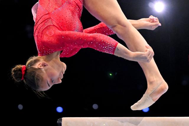 Algeria's Kaylia Nemour competes on the Balance Beam in the Women's Individual All-Around Final during the 54th FIG Artistic Gymnastics World Championships, in Rotterdam, southern Netherlands, on October 23, 2026. (Photo by JOHN THYS / AFP)