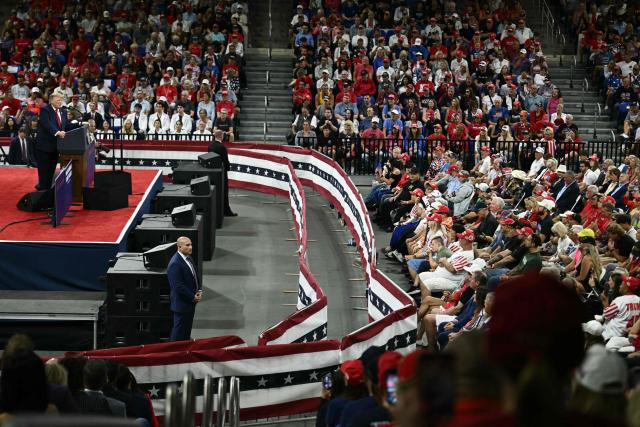 US President Donald Trump speaks during a campaign rally at the Alico Arena, Florida Gulf Coast University in Fort Myers, Florida on October 23, 2026. (Photo by Brendan SMIALOWSKI / AFP)