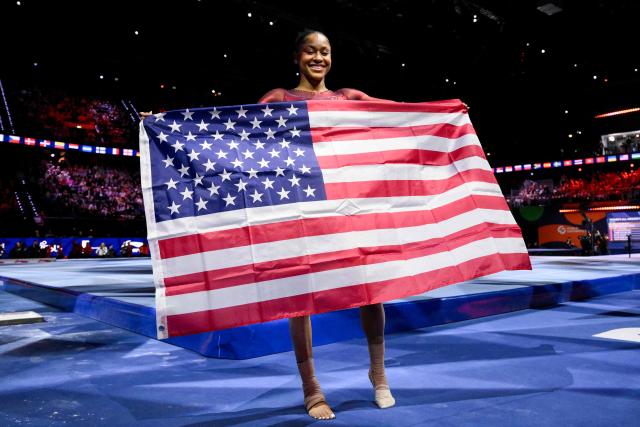 US' Skye Blakely celebrates after winning the Women's Individual All-Around Final during the 54th FIG Artistic Gymnastics World Championships, in Rotterdam, southern Netherlands, on October 23, 2026. (Photo by JOHN THYS / AFP)