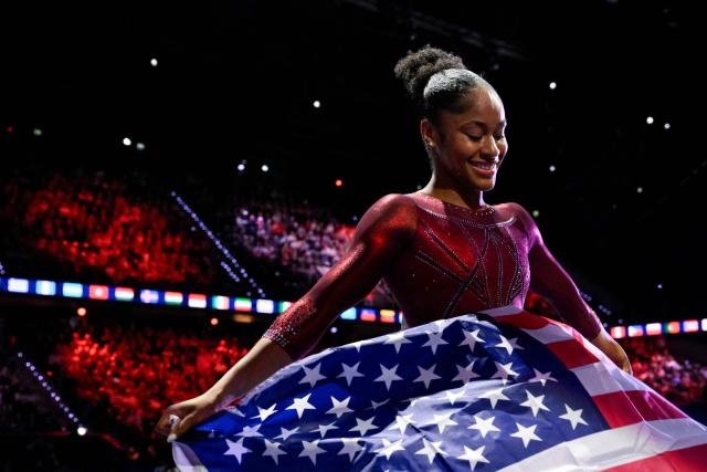US' Skye Blakely celebrates after winning the Women's Individual All-Around Final during the 54th FIG Artistic Gymnastics World Championships, in Rotterdam, southern Netherlands, on October 23, 2026. (Photo by JOHN THYS / AFP)