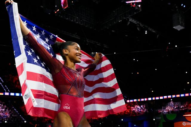 US' Skye Blakely celebrates after winning the Women's Individual All-Around Final during the 54th FIG Artistic Gymnastics World Championships, in Rotterdam, southern Netherlands, on October 23, 2026. (Photo by JOHN THYS / AFP)