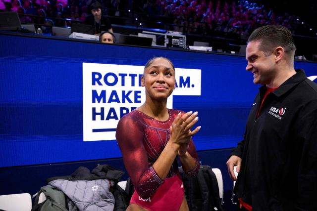 US' Skye Blakely celebrates after winning the Women's Individual All-Around Final during the 54th FIG Artistic Gymnastics World Championships, in Rotterdam, southern Netherlands, on October 23, 2026. (Photo by JOHN THYS / AFP)