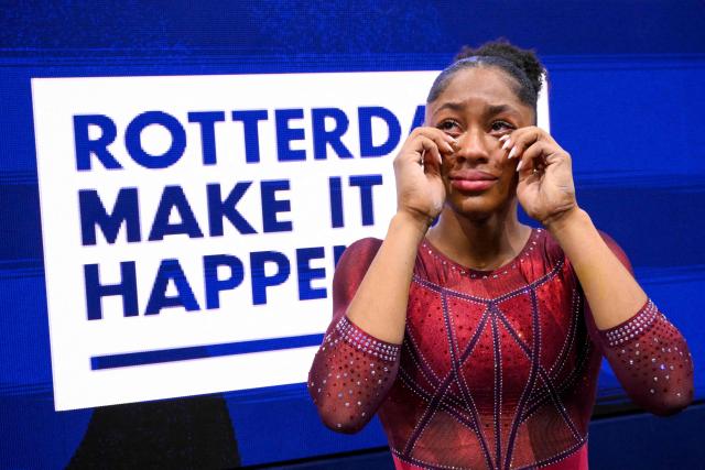 US' Skye Blakely celebrates after winning the Women's Individual All-Around Final during the 54th FIG Artistic Gymnastics World Championships, in Rotterdam, southern Netherlands, on October 23, 2026. (Photo by JOHN THYS / AFP)