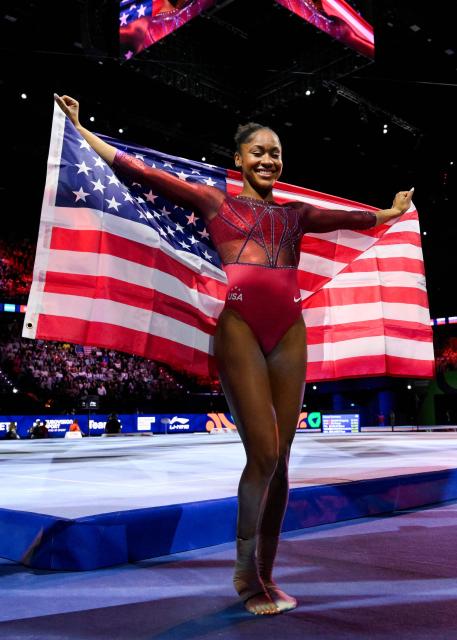 US' Skye Blakely celebrates after winning the Women's Individual All-Around Final during the 54th FIG Artistic Gymnastics World Championships, in Rotterdam, southern Netherlands, on October 23, 2026. (Photo by JOHN THYS / AFP)