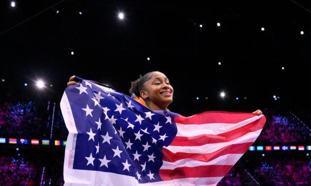 US' Skye Blakely celebrates after winning the Women's Individual All-Around Final during the 54th FIG Artistic Gymnastics World Championships, in Rotterdam, southern Netherlands, on October 23, 2026. (Photo by JOHN THYS / AFP)