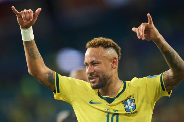 (FILES) Brazil's forward #10 Neymar reacts after winning the 2026 World Cup Group C football match between Scotland and Brazil at the Miami Stadium in Miami Gardens on June 24, 2026. Brazilian football star Neymar on October 23, 2026, threw his support behind right-wing senator Flavio Bolsonaro ahead of a tight runoff election against leftist incumbent Luiz Inacio Lula da Silva. (Photo by PATRICIA DE MELO MOREIRA / AFP)