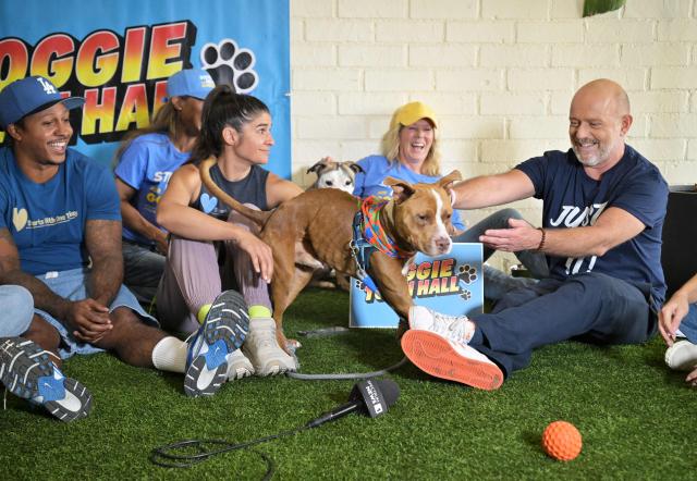 Republican gubernatorial candidate Steve Hilton (R) plays with a dog as he meets with activists of "Saving California's Dogs" during an event focused on animal rescue and adoption in Los Angeles on October 23, 2026. (Photo by Frederic J. BROWN / AFP)